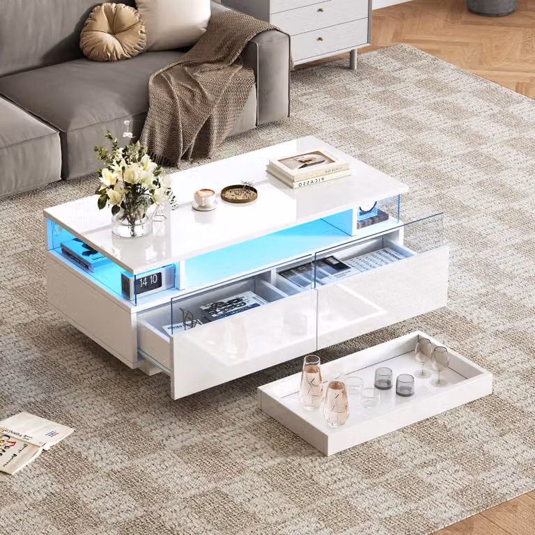 Tavolino Merax lucido 90x45x35,5 cm, tavolino con illuminazione a LED comandata da app, tavolino da salotto con vassoio e 2 cassetti, lati in vetro, 3 livelli, moderno bianco