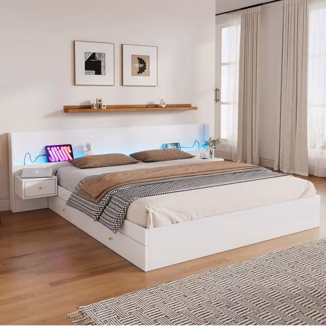 Letto matrimoniale 180x200 cm con USB; prese; luci colorate; comodini e cassetti in MDF bianco