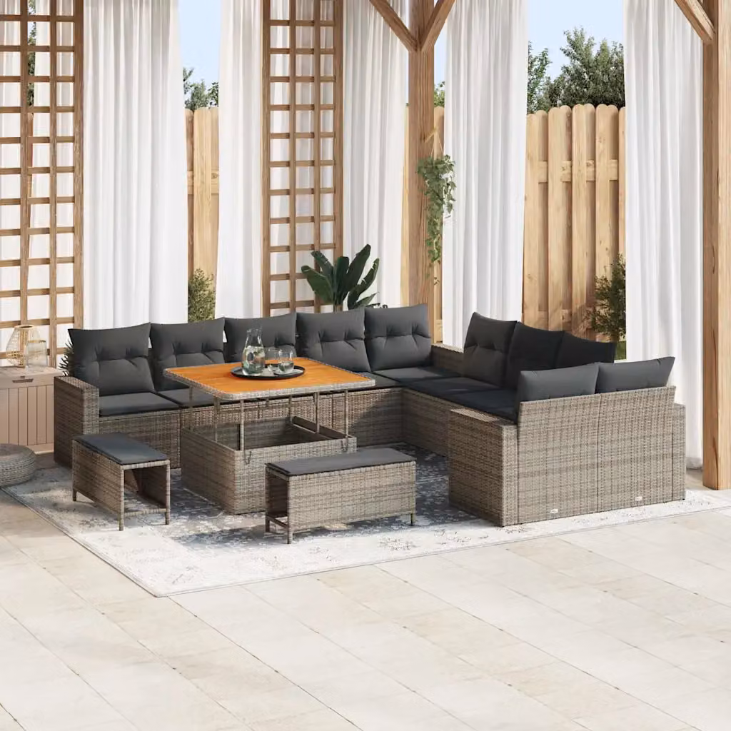Set Divano da Giardino vidaXL 13 pz Grigio con Cuscini e Tavolino in Polyrattan e Acciaio – 1