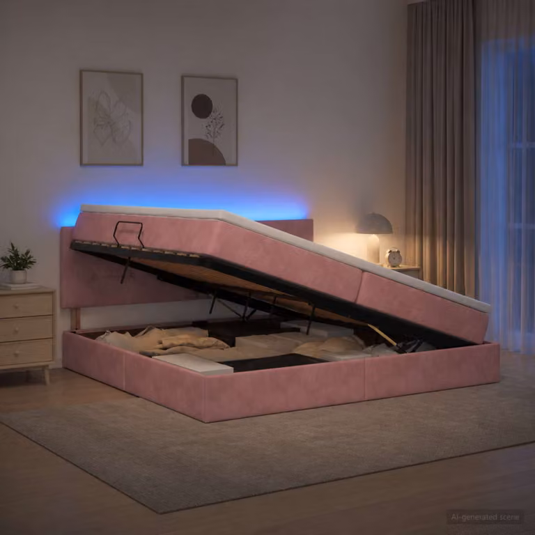 Letto con contenitore e illuminazione LED vidaXL in velluto rosa con materasso, L/P: 200 x 200 cm