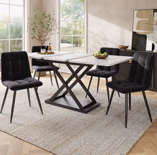 Set da pranzo 5 pezzi con tavolo allungabile 120-160x80x75 cm e 4 sedie in velluto nero