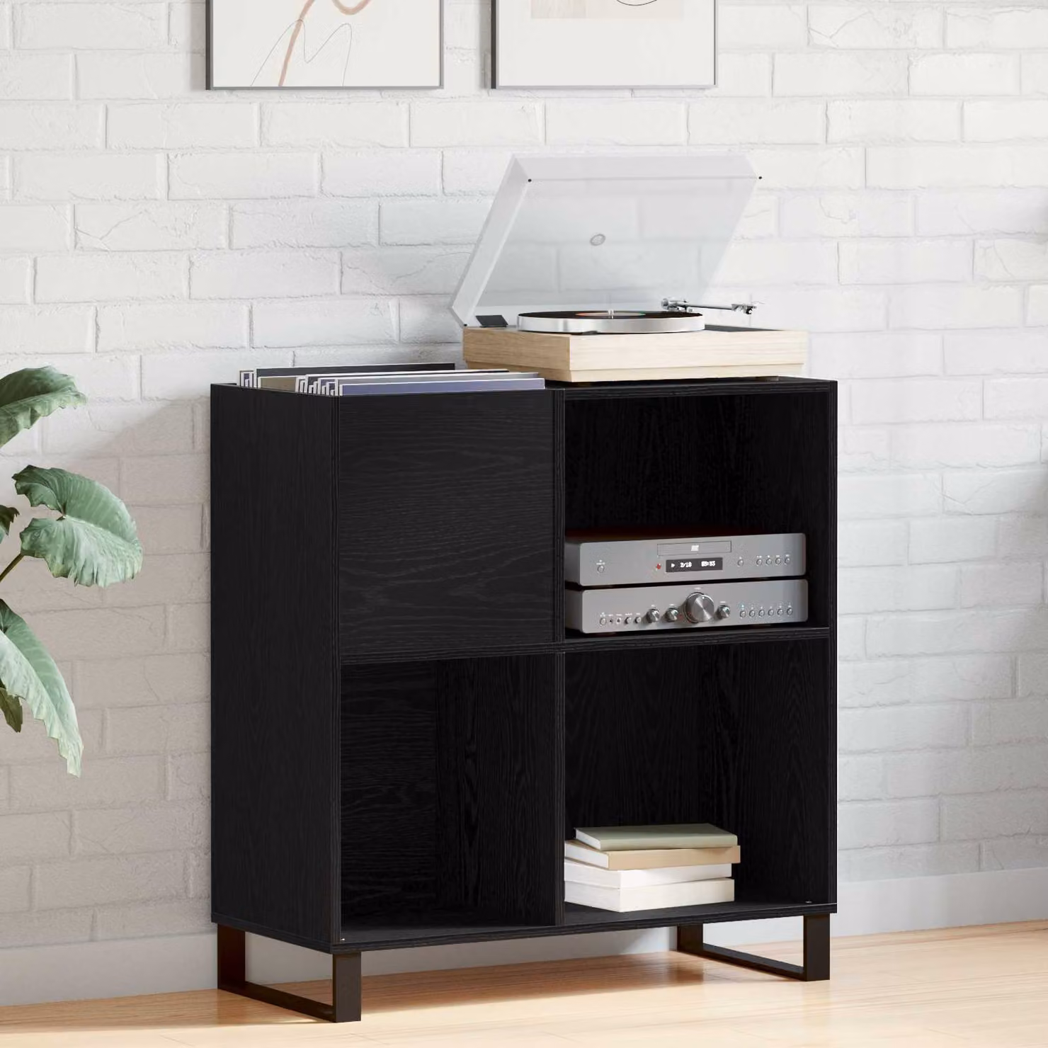 vidaXL Mobile porta vinili moderno in MDF e metallo, colore nero, L: 84,5 cm, P: 38 cm, H: 89 cm
