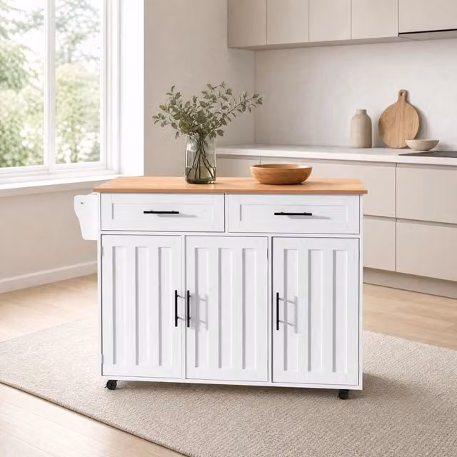 Carrello da cucina moderno REDOM in MDF bianco con piano ribaltabile L: 129 cm, P: 71 cm, H: 91,5 cm