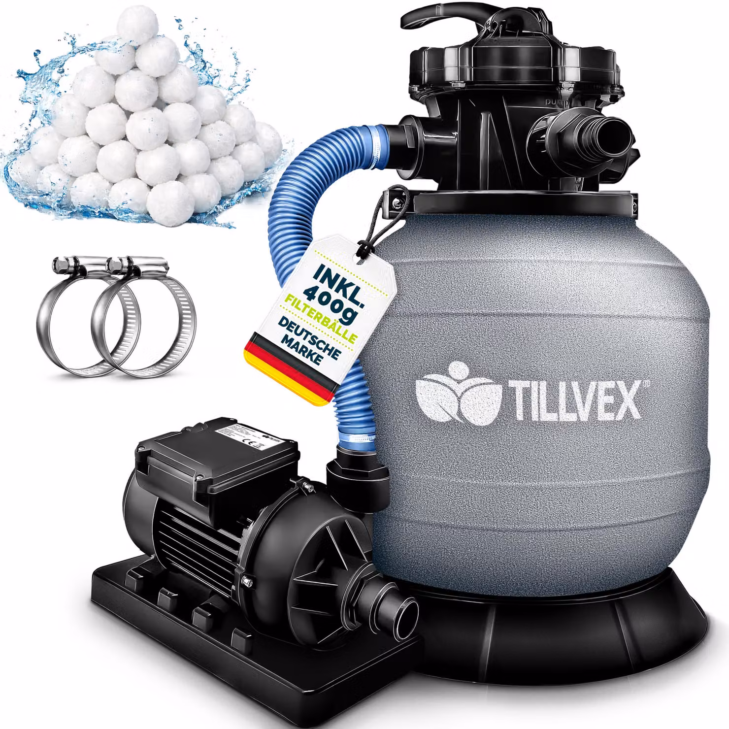 tillvex® sistema di filtraggio a sabbia per piscina 7.900L/h incl. sfere filtranti da 400g grigio | sistema di filtraggio valvola a 7 vie & adattatore 2in1 Ø32mm - 38mm | filtro per piscina con indicatore di pressione | filtro a sabbia per piscine