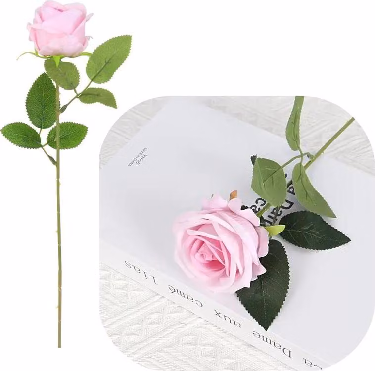 Ramo singolo di rosa di velluto, fiori artificiali, decorazione per vaso da 50 cm, rosa