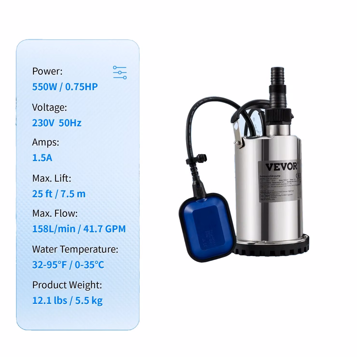 Pompe per acque reflue, pompe sommergibili, da 550W a 2200W, modello da 550W, 0,75 CV, conformi agli standard europei