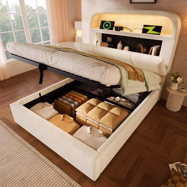 Letto Singolo 90x200 cm Beige con Materasso H3; Contenitore Idraulico; LED e USB Type-C