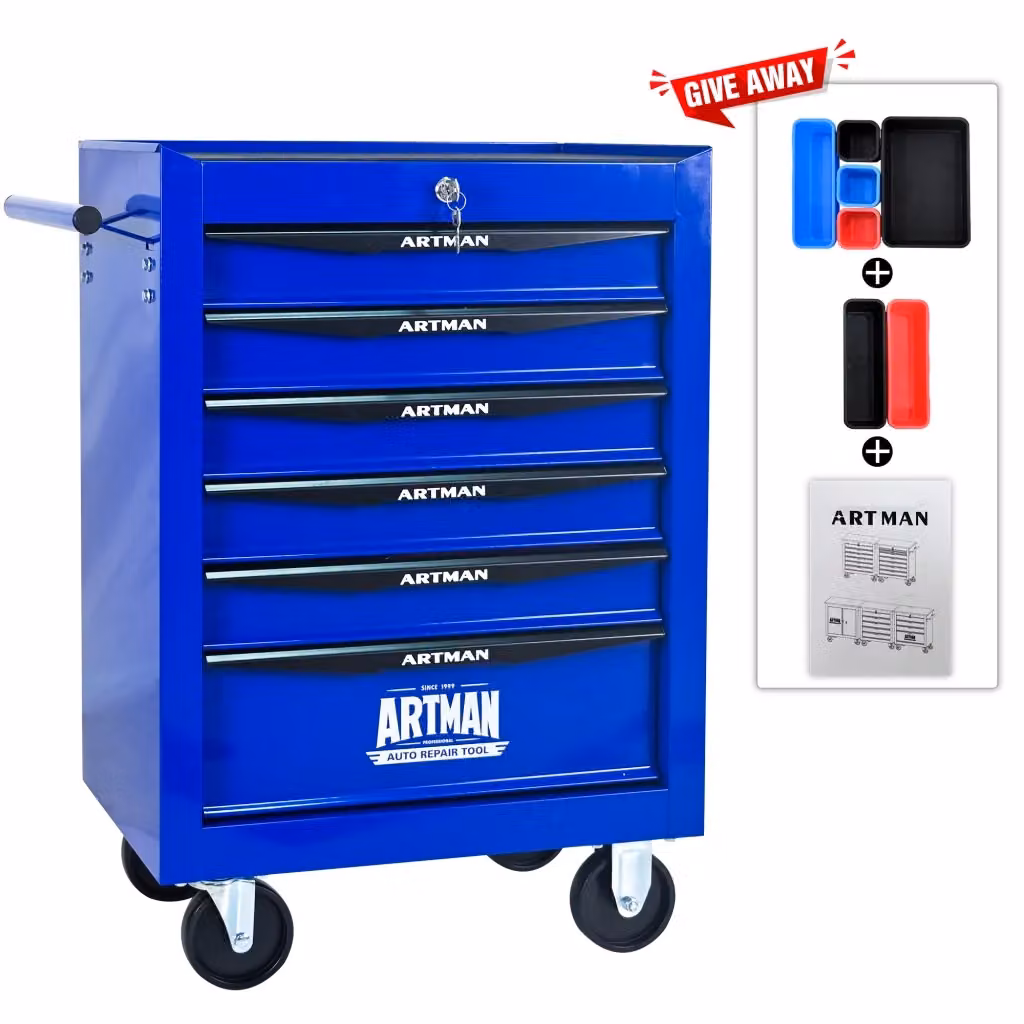 Mobiletto portautensili in acciaio con 6 cassetti su ruote, con piano di lavoro e serratura, disponibile in nero o blu, Altezza: 50,8 cm – 2