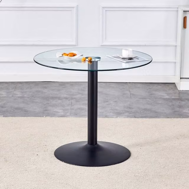 Tavolo da bar moderno Zephmum rotondo in vetro nero e trasparente con base in metallo, Diametro: 85 cm, Altezza: 76 cm