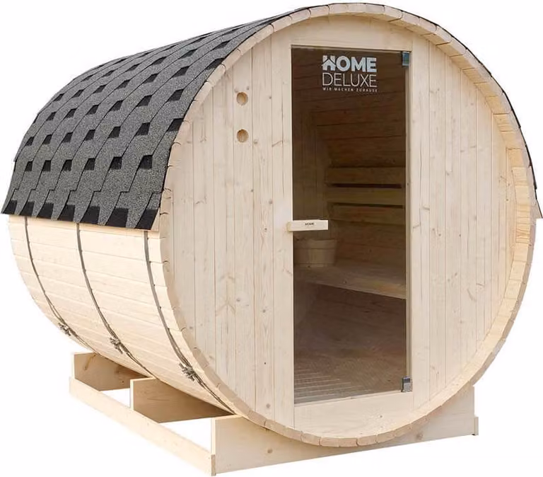 Home Deluxe - Sauna a botte da esterno LAHTI XL - dimensioni: LxPxH: ca. 195 cm x 192 cm x 220 cm, legno: abete rosso - incl. riscaldatore sauna e accessori sauna I Sauna da giardino, sauna da esterno, sauna a botte per 6 persone