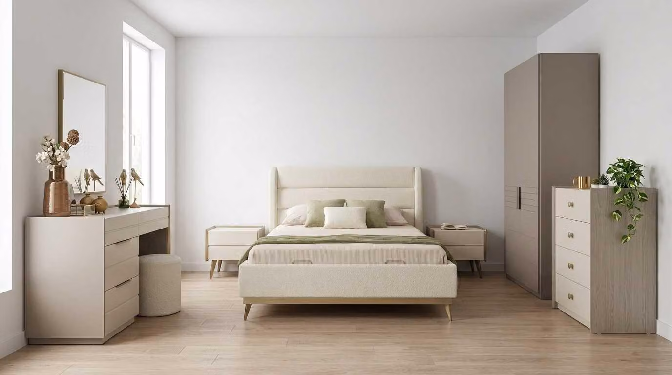 Set per camera da letto beige, moderno e composto da letto, tavolo da trucco e comodini