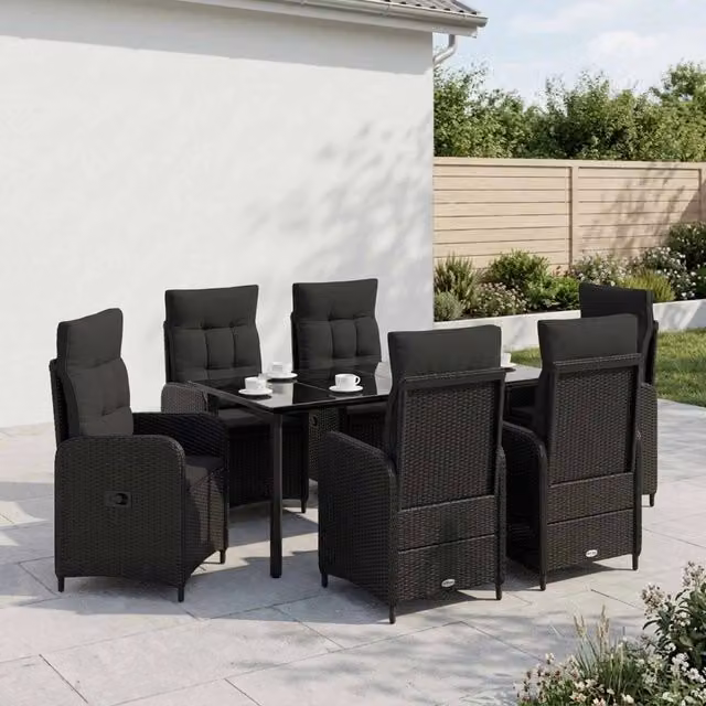 Set da pranzo per giardino e terrazzo vidaXL in polyrattan nero, 7 pezzi – 1