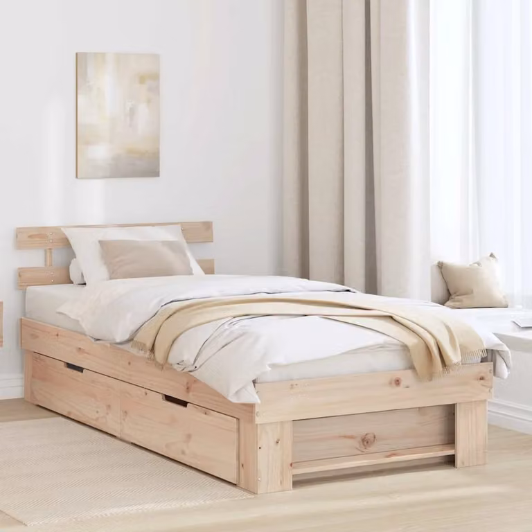 Struttura del letto moderna vidaXL in pino massello naturale con cassetti, L 75 x P 190 cm