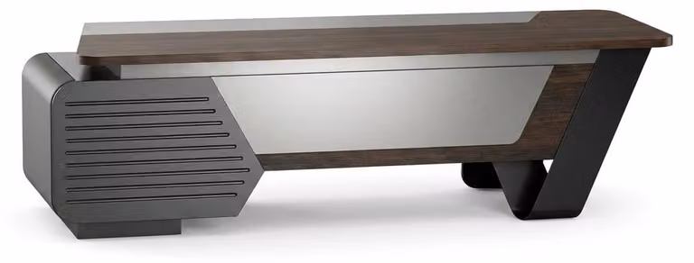 Scrivania da ufficio in stile moderno, color marrone, design versatile, minimalista