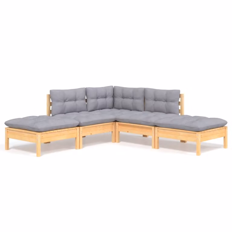 Set Divani da Giardino 5 pz con Cuscini Grigi Massello di Pino