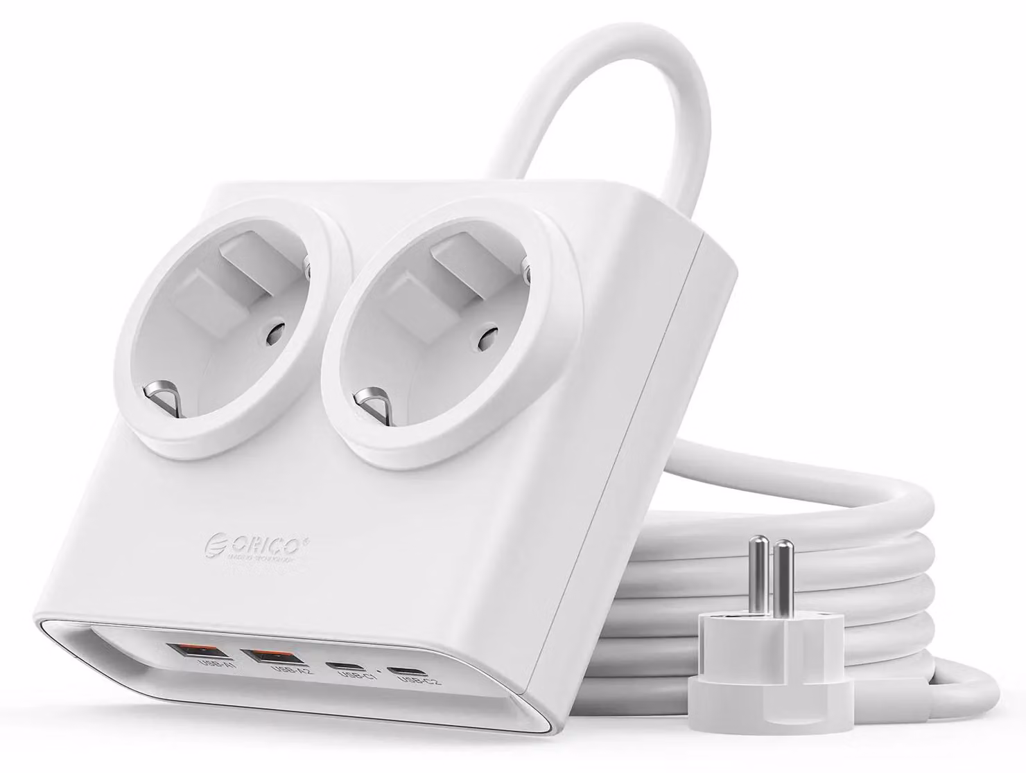Ciabatta multipresa, 2 prese di corrente AC, 2 porte USB, 25W, colore bianco