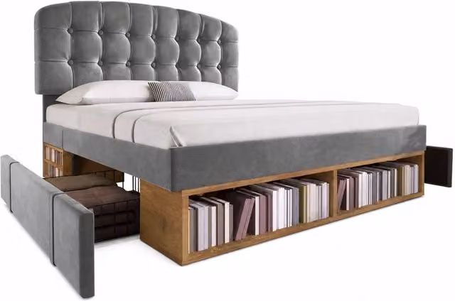 Letto matrimoniale 140x190 cm con cassetti e vani; testiera regolabile in velluto grigio