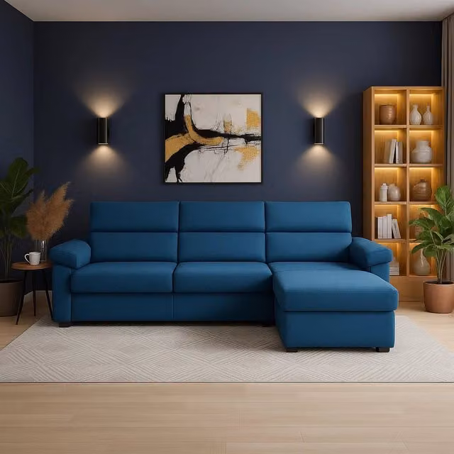 Divano angolare Ceto DMORA blu con penisola sfoderabile e struttura in legno Made in Italy L/P: 285 x 160 cm