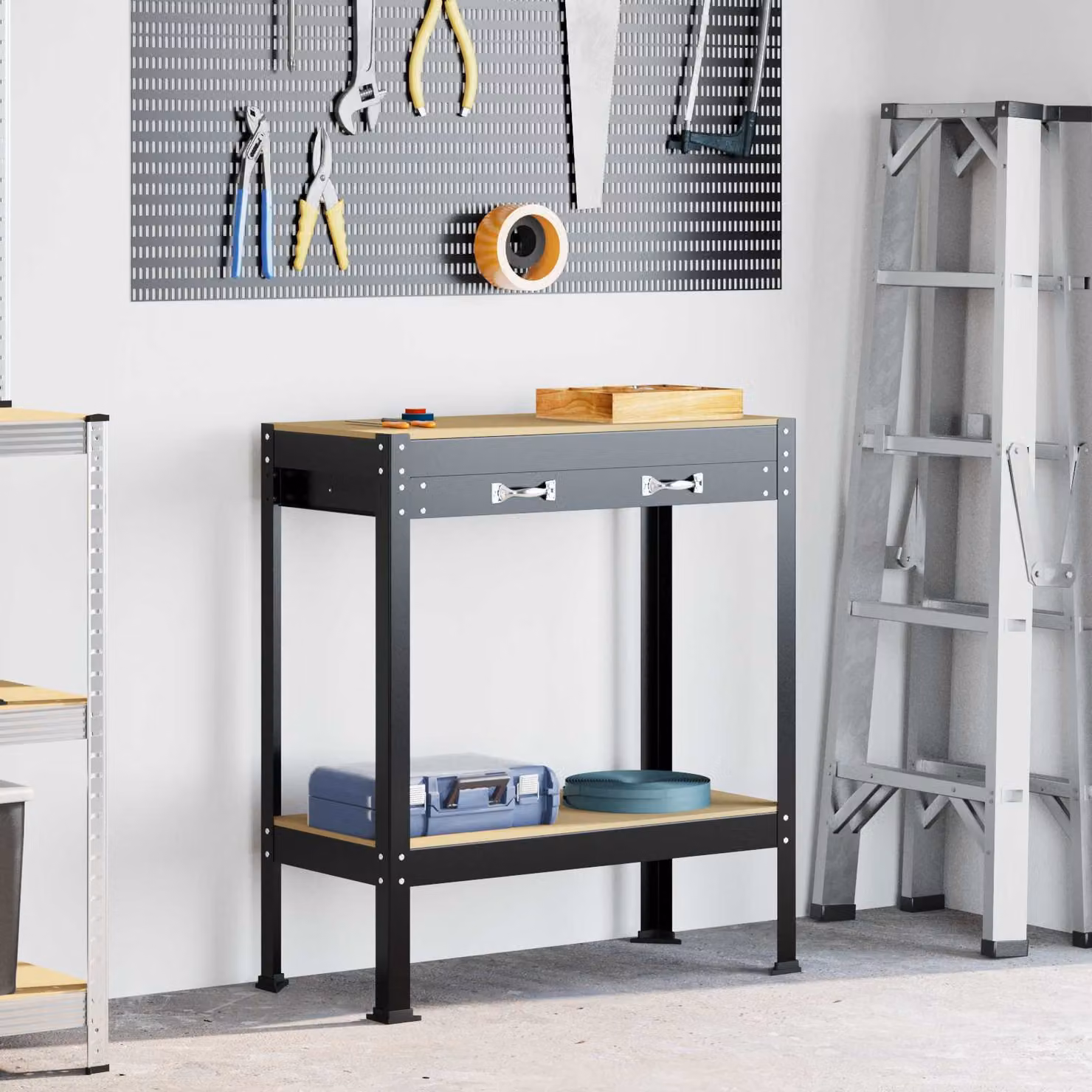 vidaXL Banco da lavoro con cassetto e pannello forato in metallo e legno, Nero, L/P/H: 80 x 40 x 91 cm