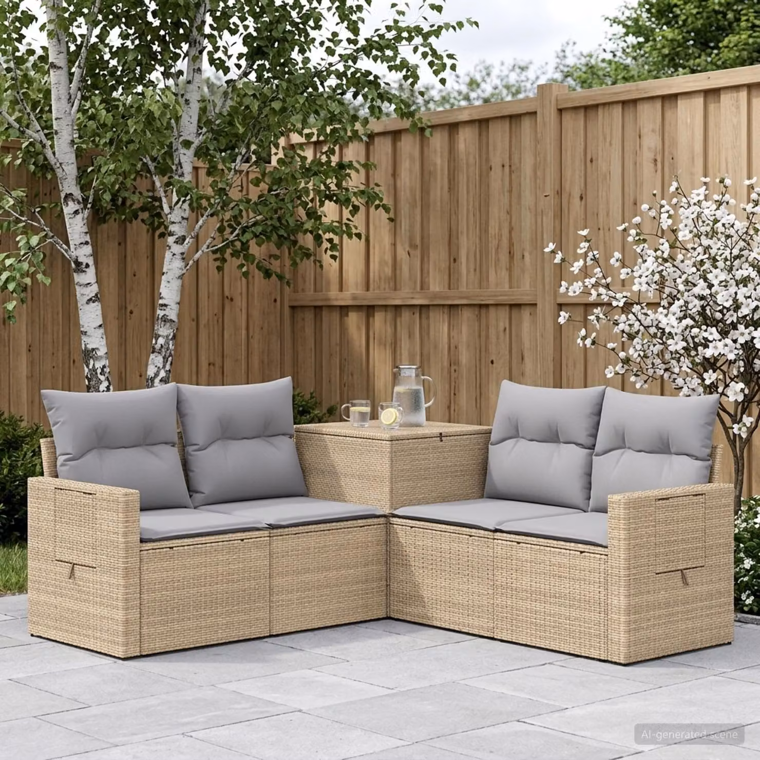 Set di divani da giardino vidaXL in polyrattan con pouf e cuscini, design moderno a L, Beige e Grigio