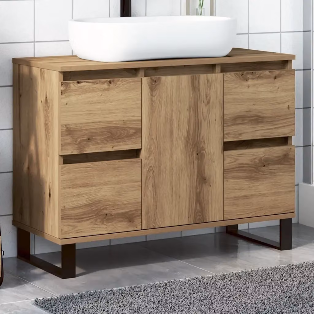 Mobiletto da Bagno Sospeso in Legno Rovere e Metallo Stile Industrial L: 80 cm, P: 33 cm, H: 60 cm – 2