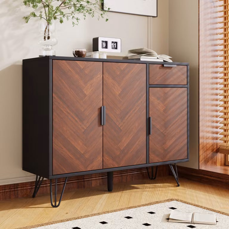 Credenza STILVORA con cassetto, mobile contenitore da salotto con ripiani regolabili in altezza, mobile ausiliario nero con effetto legno
