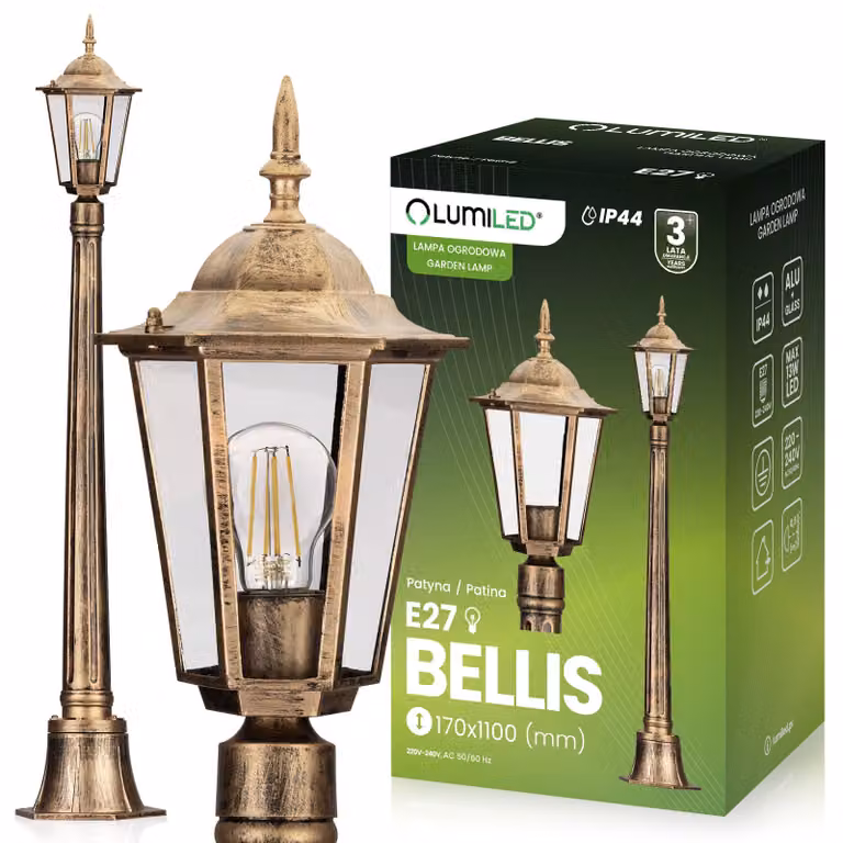 LUMILED lanterna vintage da esterno 230V 1m lampada da terra regolabile in altezza patina alluminio vetro IP44 presa E27 giardino esterno
