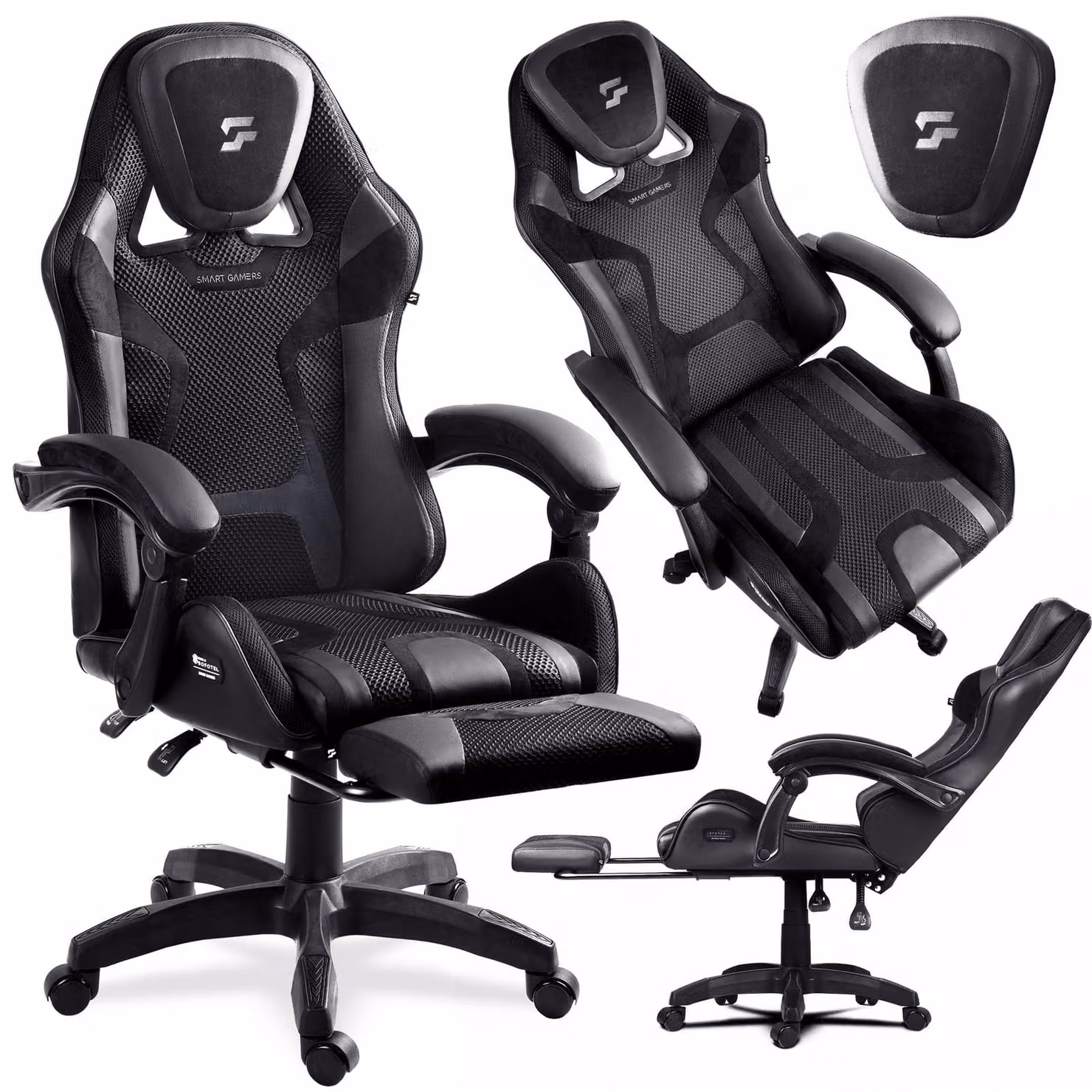 Sedia da gaming ergonomica con poggiapiedi, colore nero