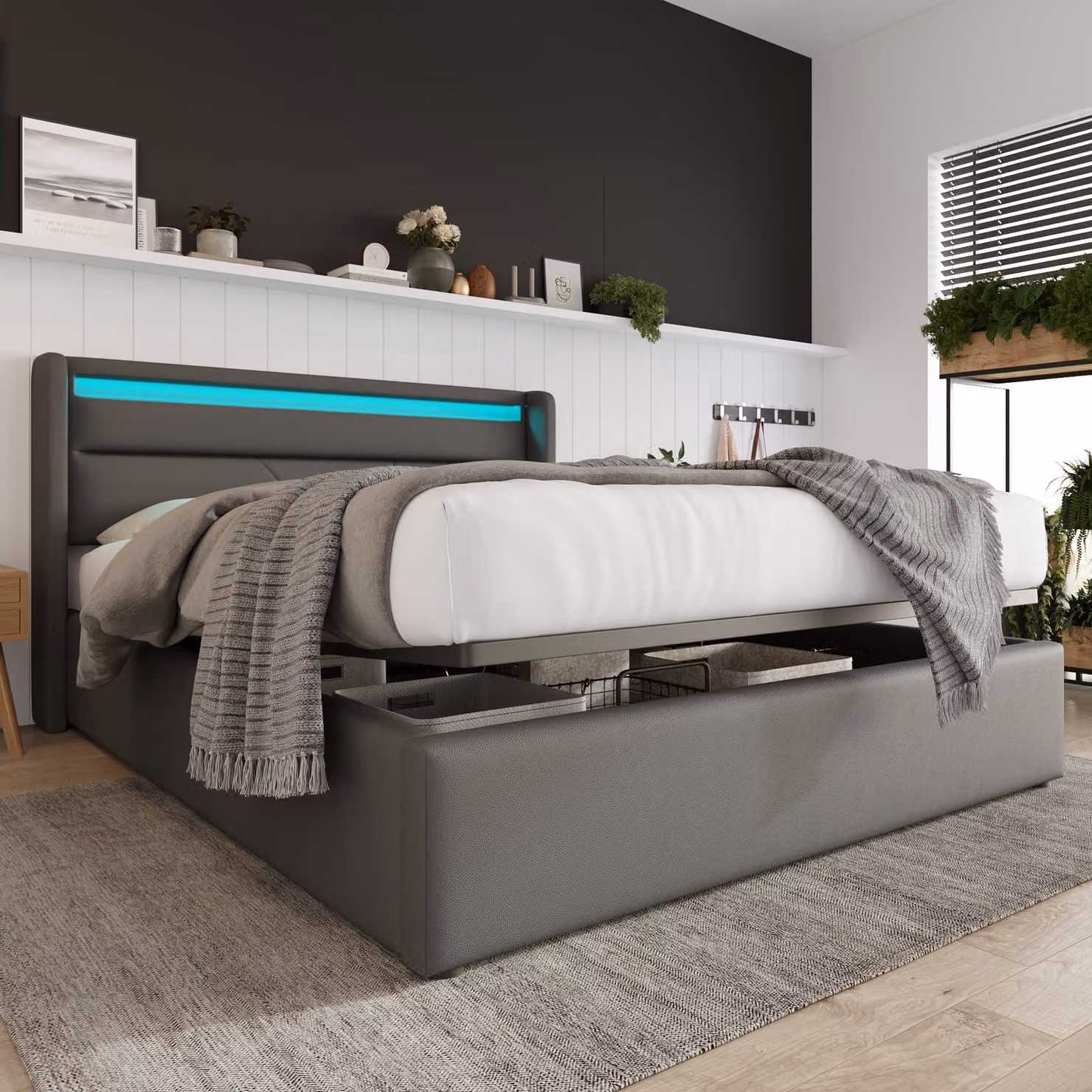Letto imbottito Flieks 140x200cm con LED, letto matrimoniale a molle insacchettate con rete a doghe e contenitore, letto funzionale per giovani, PU, grigio scuro