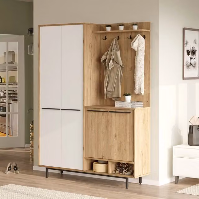 DMORA Tignale, Mobile da Ingresso con Appendiabiti e Ripiani, L: 147 cm, P: 36 cm, H: 196 cm, Beige/Marrone