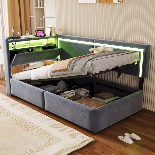 Divano letto imbottito ULEVR 90x200 cm con contenitore idraulico, LED e porte USB, velluto grigio