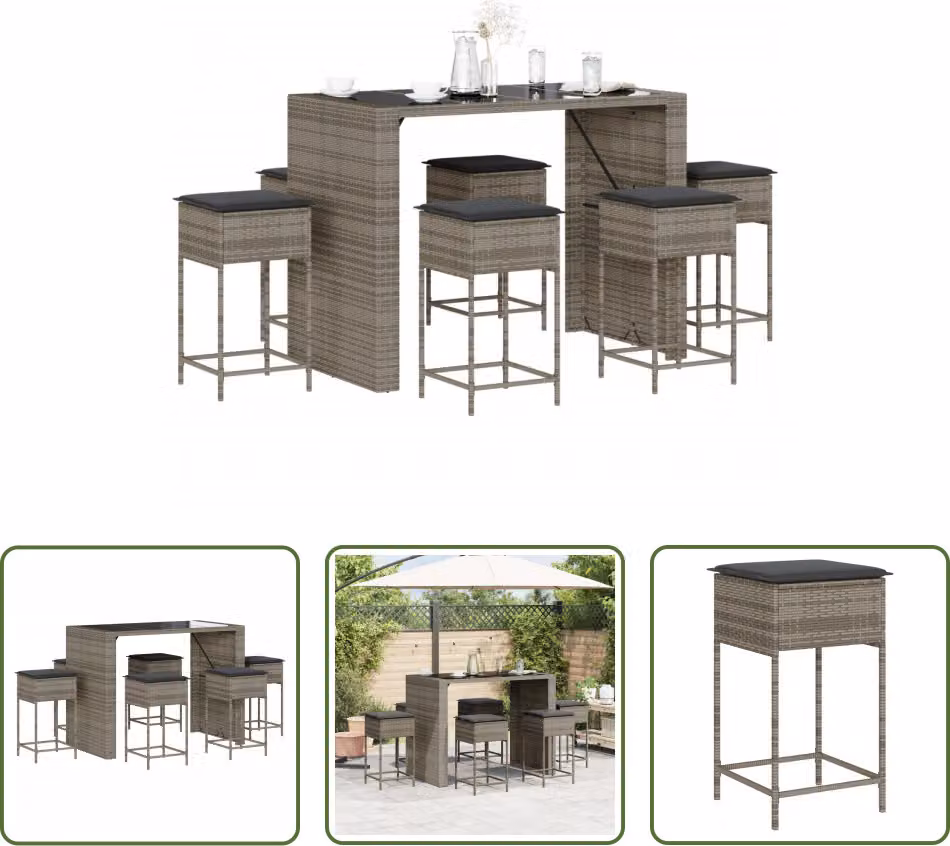 The Living Store Set bar da giardino 7 pezzi con cuscini in poly rattan grigio