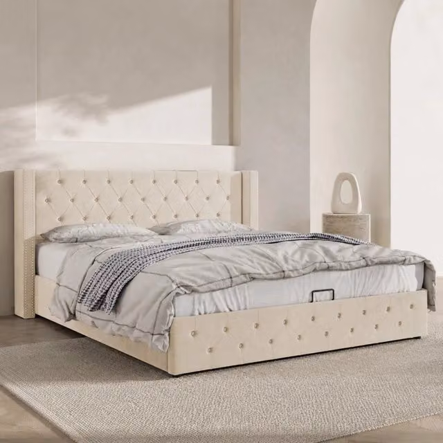 Letto matrimoniale con contenitore Mivray rivestito in velluto beige L/P: 140 x 200 cm