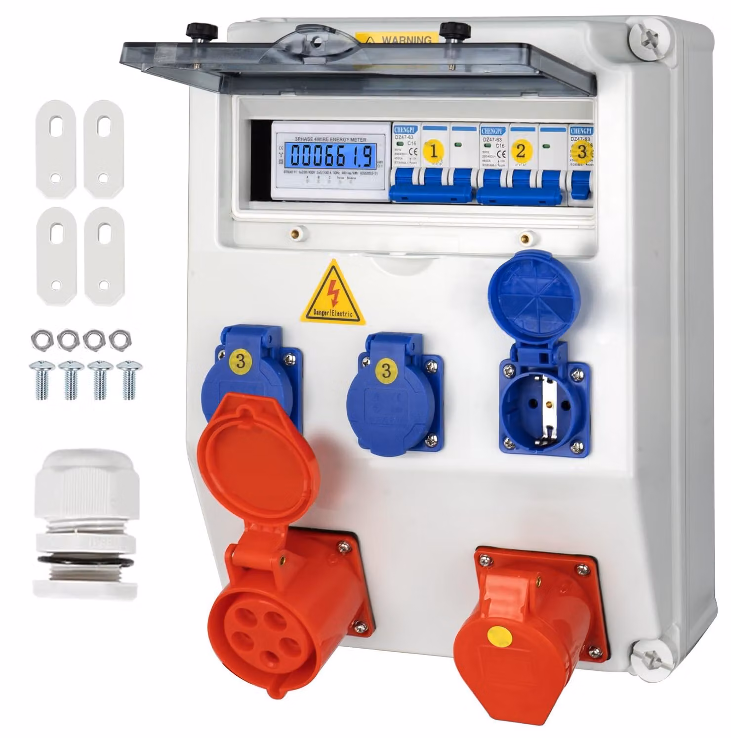 Distributore di corrente, grado di protezione IP65 (resistente all'acqua), con interruttore automatico e contatore elettrico