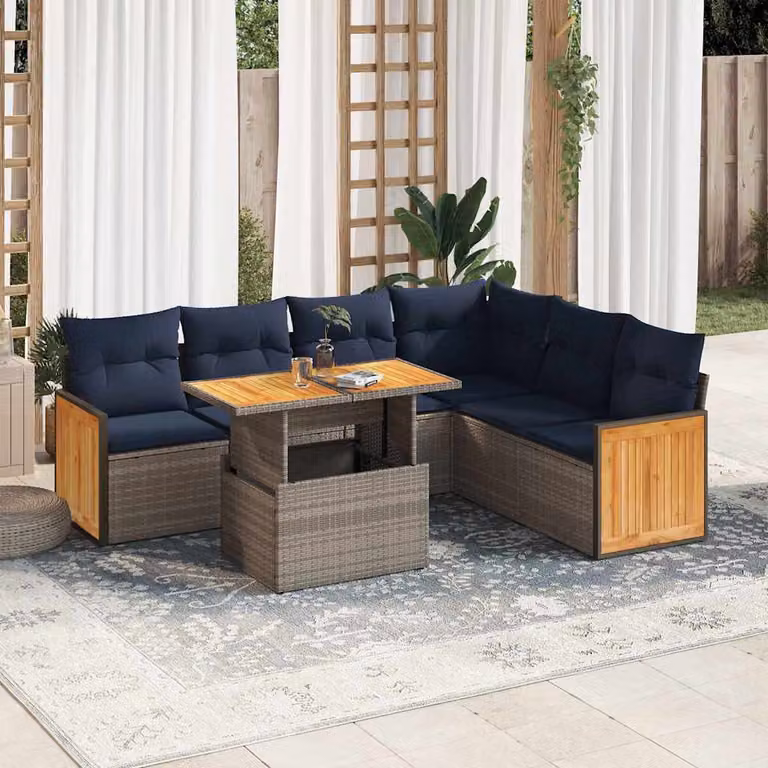 Set Divani da Giardino vidaXL 7pz in Polyrattan e Legno di Acacia con Cuscini, Colore Grigio e Blu
