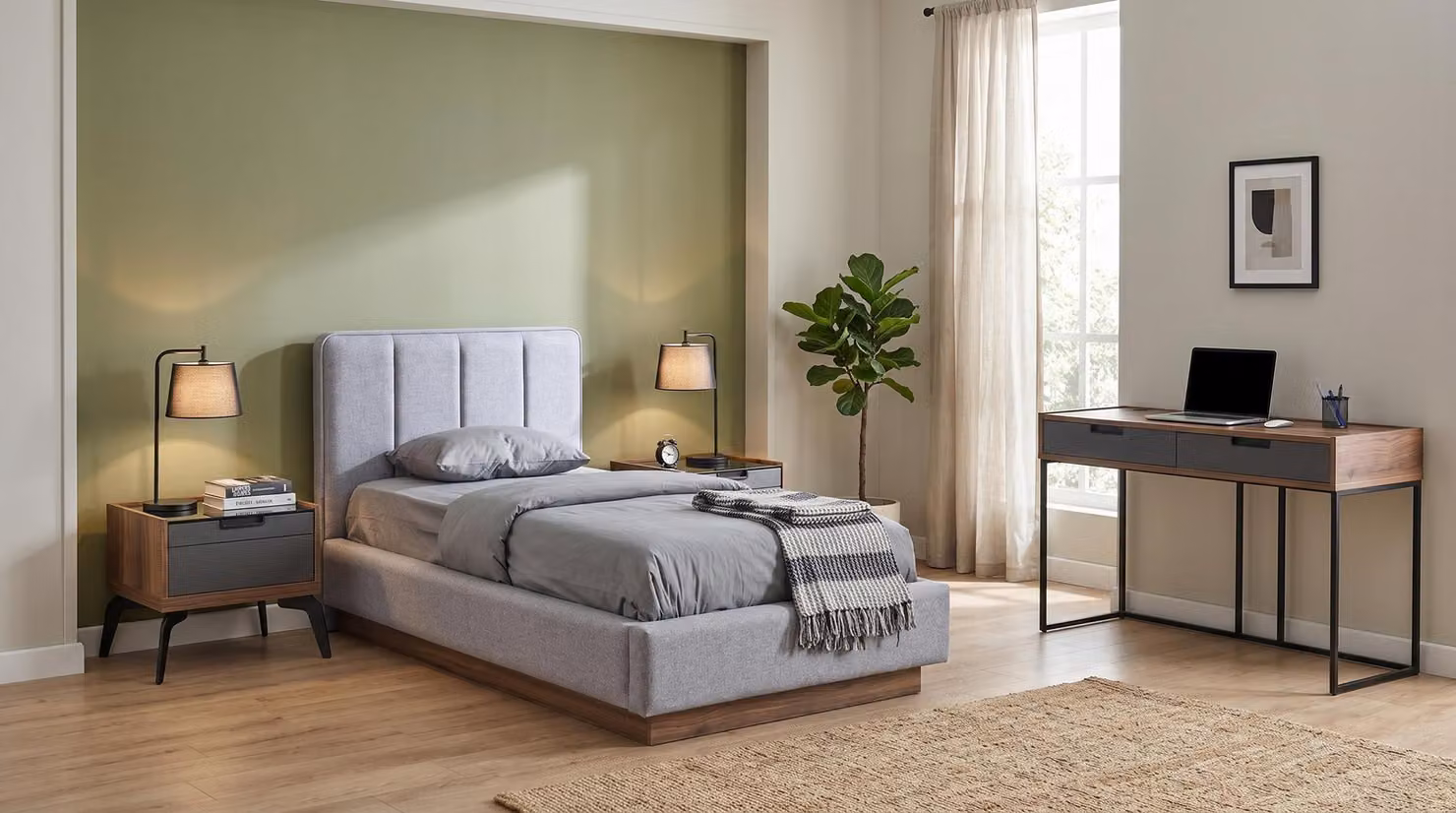 Set completo per camera da letto: letto, due comodini, scrivania, stile industriale, colore grigio