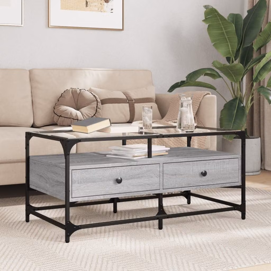 Maison Exclusive - Tavolino con piano in vetro, finitura grigio Sonoma, 98,5x50x45 cm, struttura in acciaio