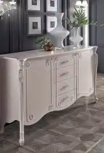 Credenza madia Camilla KIVIO in legno massiccio stile shabby chic bianco anticato con dettagli argento