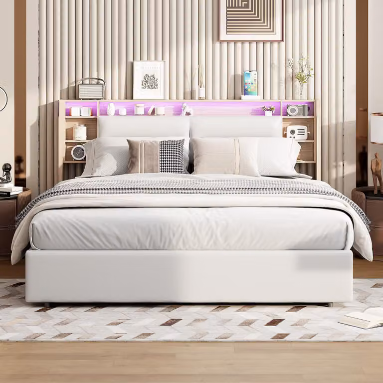 Letto matrimoniale 160x200 con spazio contenitore, testiera e struttura con meccanismo idraulico, letto imbottito beige in ecopelle con illuminazione a LED