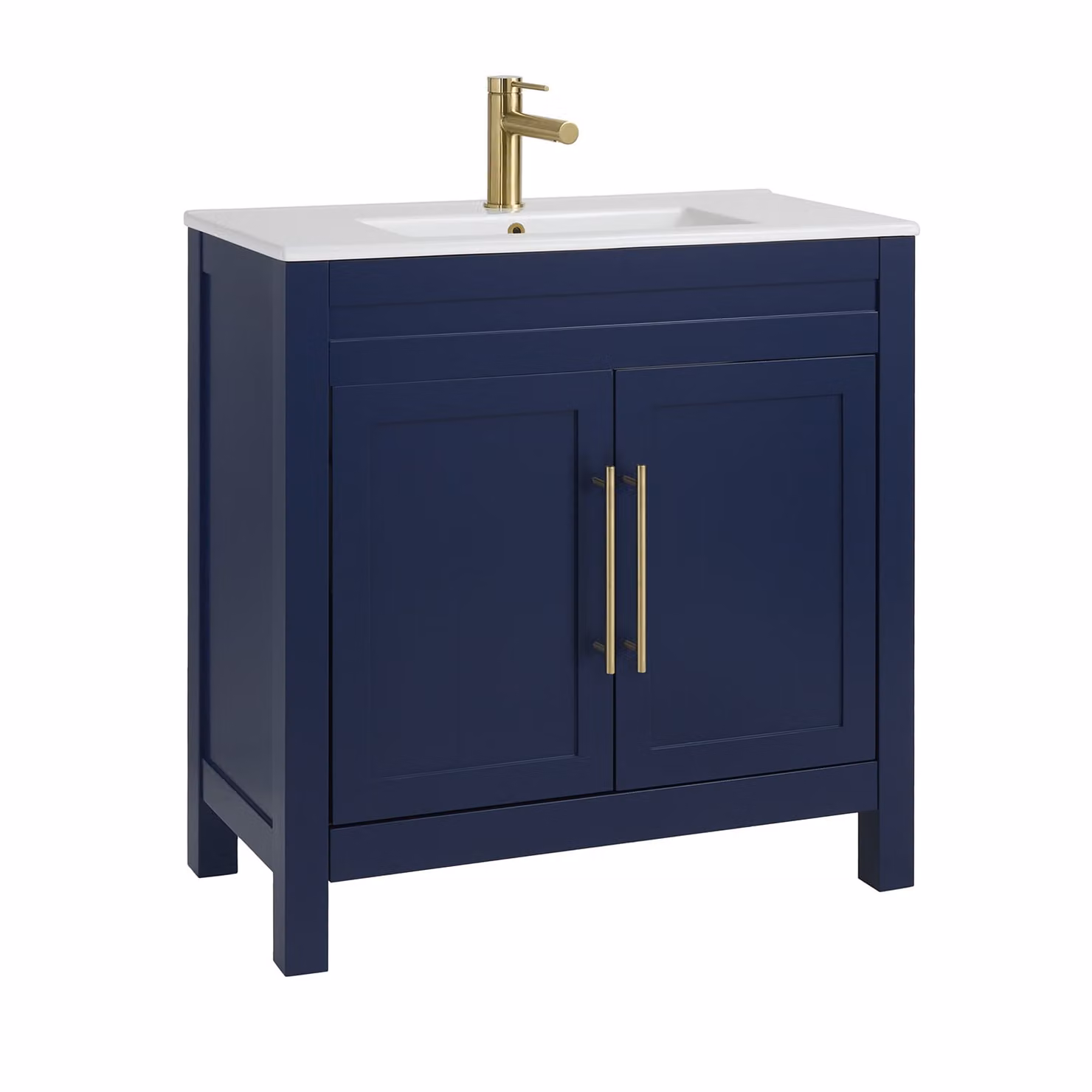 Mobile Bagno Blu Marino da 810mm con Lavabo e Maniglia Moderna con Barra a T in Oro Satinato - Warwick
