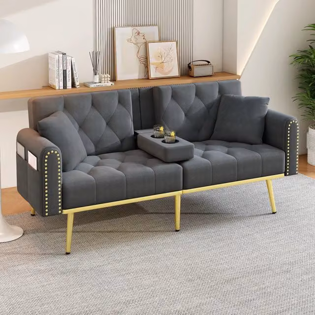 Divano letto MIVRAY a 2 posti in velluto grigio con schienale regolabile, portabevande e funzione click-clack, L: 175 cm, P: 73,5 cm, H: 80 cm