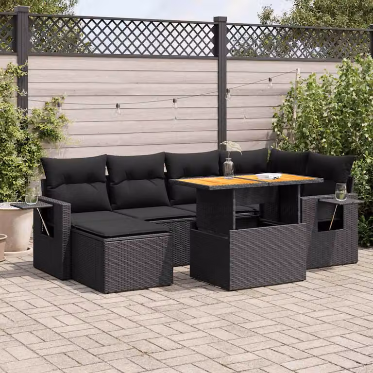 Set Divano da Giardino a L vidaXL in Polyrattan Nero con 7 Cuscini e Tavolino da Esterno