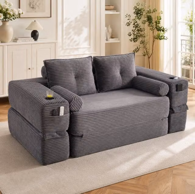 Divano letto 180x98x80 cm grigio scuro, 2 posti convertibile, tessuto a coste, contenitore