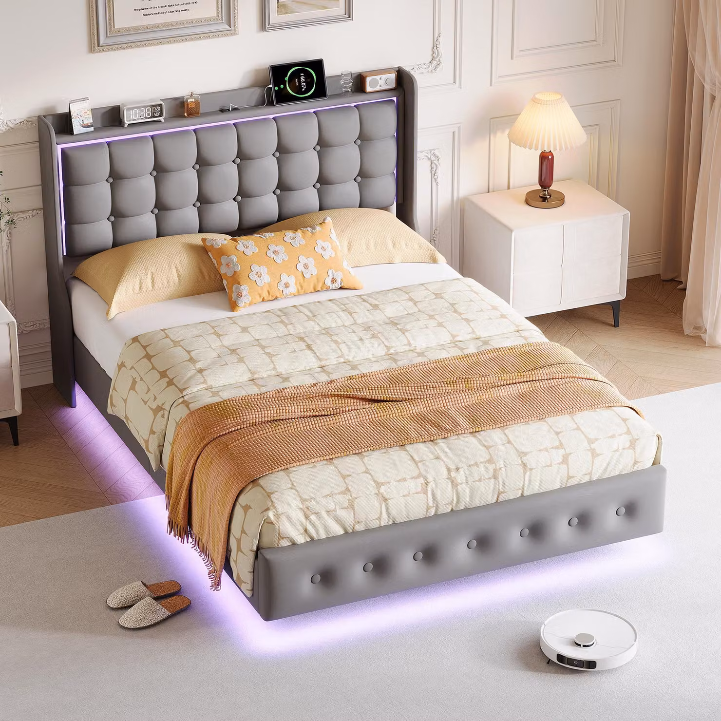 Letto imbottito ProximaX LED 140x200 cm grigio scuro, letto in velluto con illuminazione a LED e stazione di ricarica USB, letto sospeso, letto da camera da letto moderno