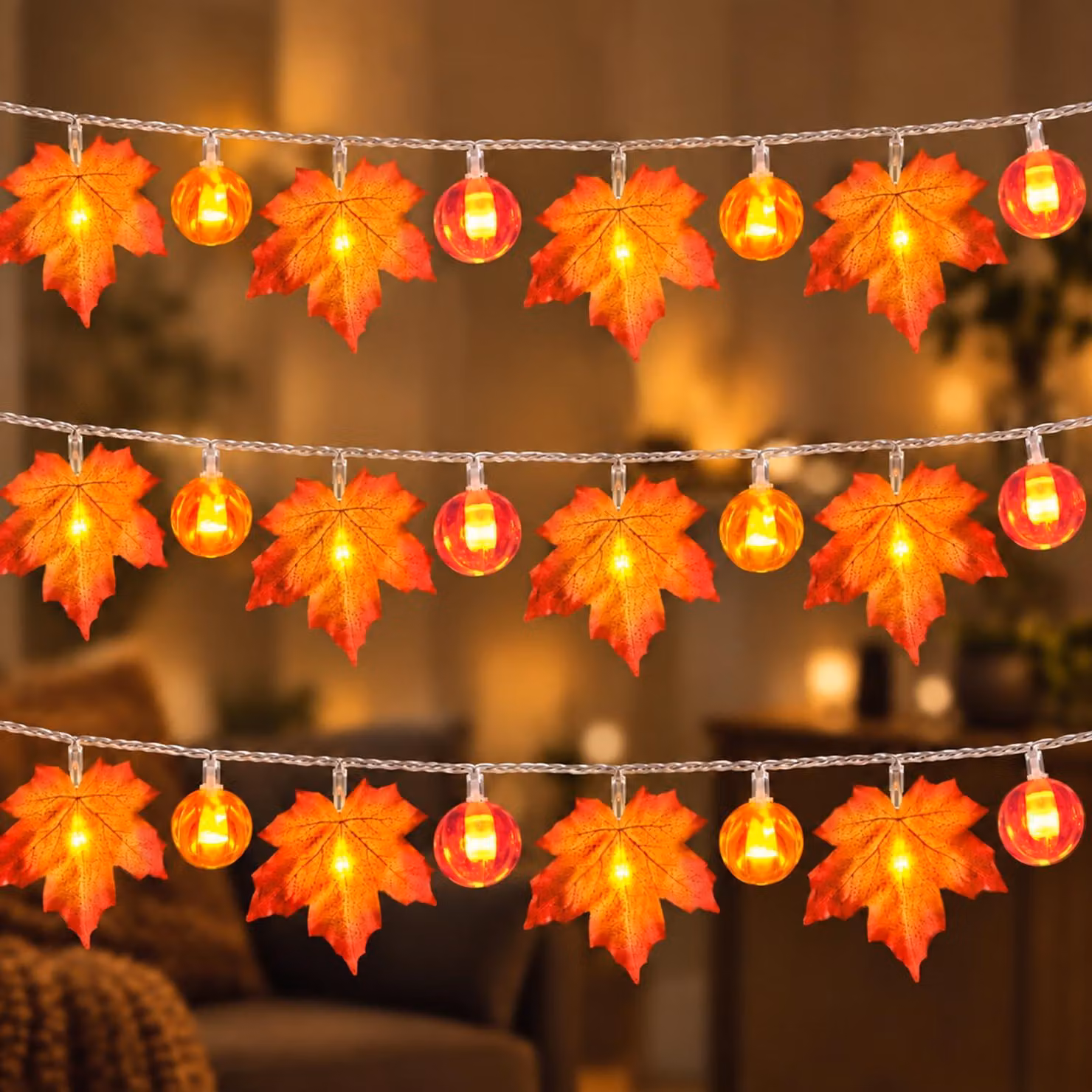 Catena luminosa autunnale, 3 metri, 20 LED, con decorazioni a forma di zucca e foglie d'acero