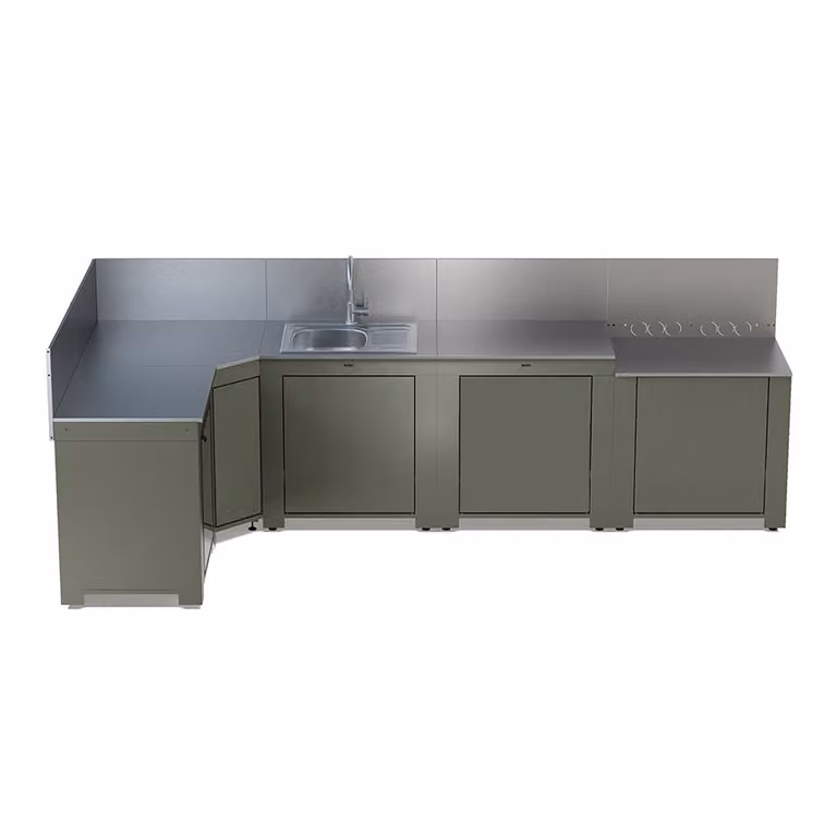 Cucina da esterno Comfort, 5 moduli, angolare, con lavello e modulo frigo, colore salvia - Enò
