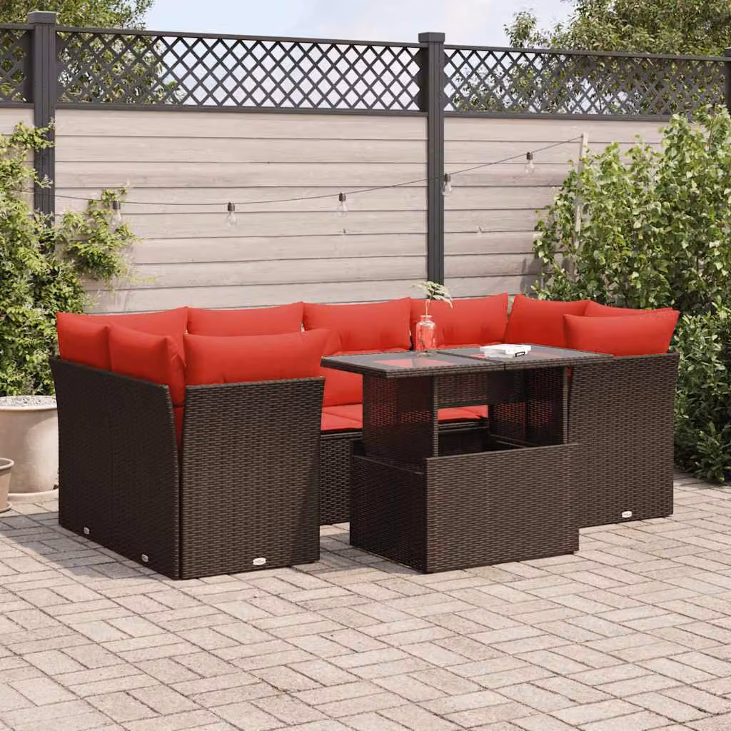 Set da giardino vidaXL composto da 7 pezzi in polyrattan marrone con cuscini e tavolino da esterno a forma di U