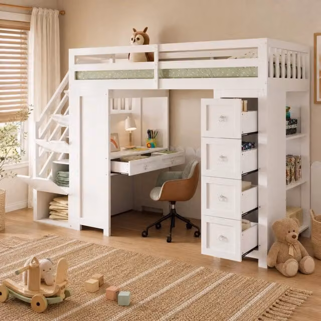 Letto a soppalco singolo OKWISH per bambini in legno e MDF bianco con scrivania, 6 cassetti, ripiani e scala, L/P/H: 200 x 90 x 175 cm
