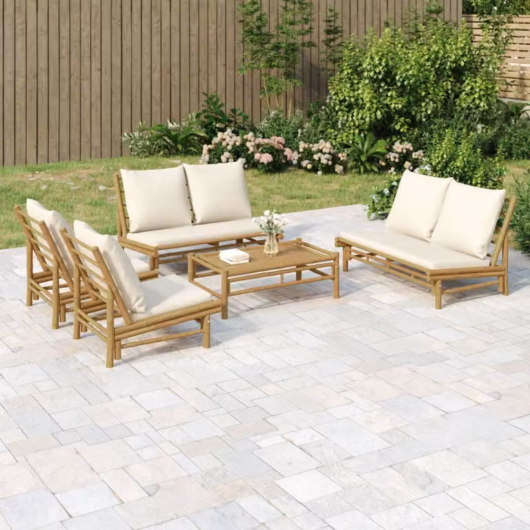 Set Salotto da Giardino vidaXL in 5 Pezzi in Bambù con Cuscini Bianco Crema e Marrone