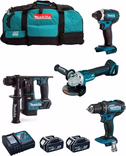 Kit utensili a batteria Makita MK401 con avvitatore, trapano, smerigliatrice, avvitatore a impulsi e 2 batterie da 5,0 Ah serie LXT